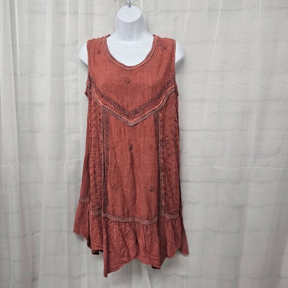 My Choice Salmon Mineral Washed Sleeveless Mini Dress Boho Hippie Granola OSFM - Picture 1 of 13